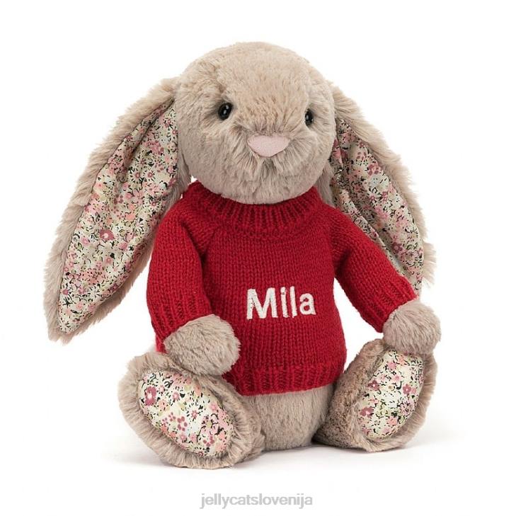 sl Jellycat zajček blossom bea z personaliziranim rdečim puloverjem v bež barvi P622334 igrača