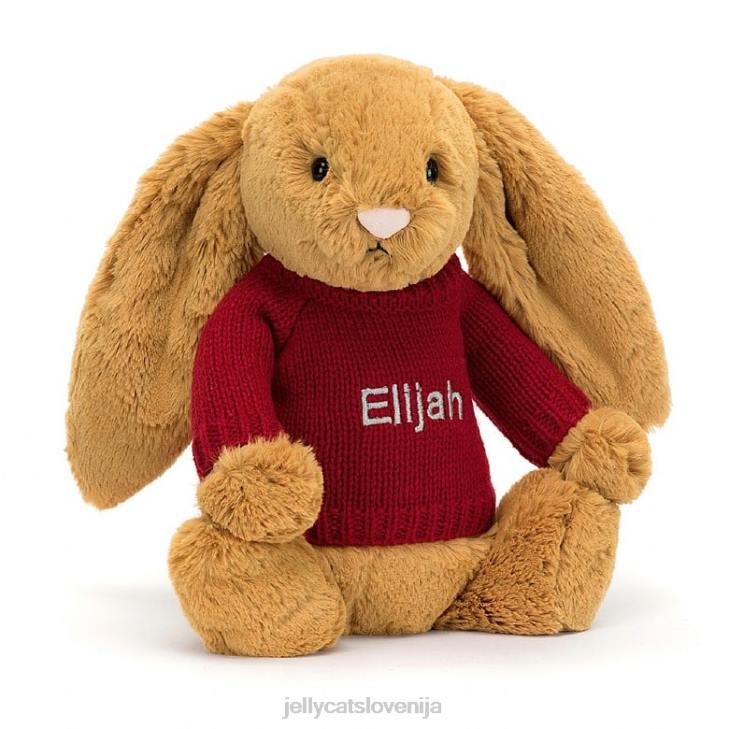 sl Jellycat sramežljiv en zajček z personaliziranim rdečim puloverjem v zlati barvi P622333 igrača