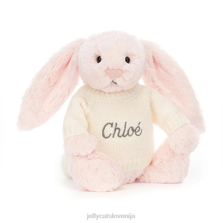 sl Jellycat sramežljiv roza zajček s personaliziranim kremnim puloverjem baby roza P622159 igrača