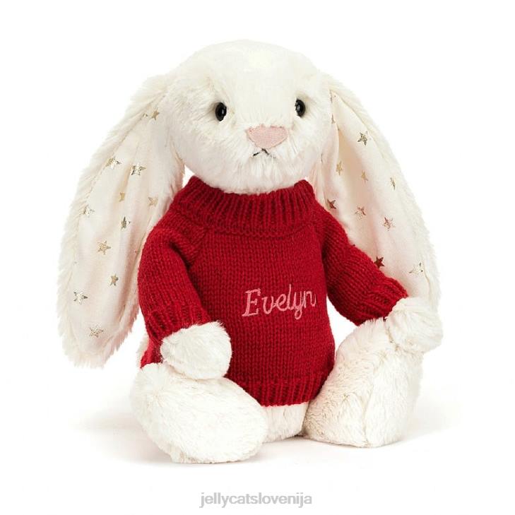 sl Jellycat sramežljiv svetlikajoči se zajček s personaliziranim kremnim rdečim puloverjem P622213 igrača