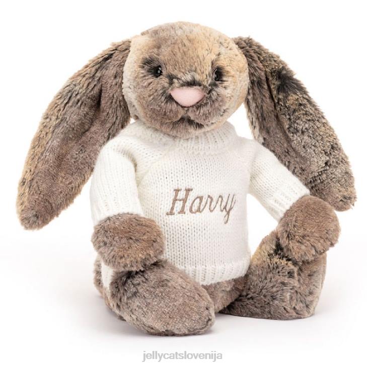 sl Jellycat sramežljiv zajček iz bombažnega repa s personaliziranim kremnim puloverjem v sivi barvi P622354 igrača