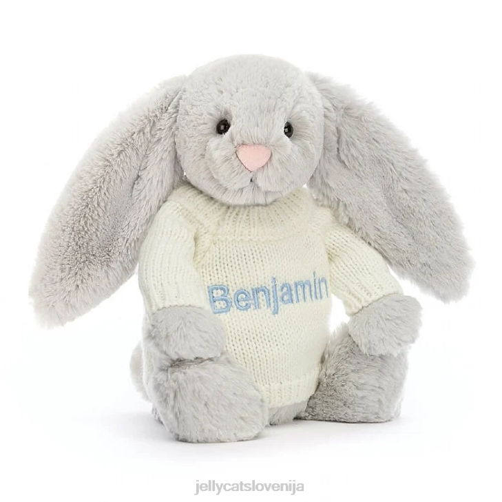 sl Jellycat sramežljiv zajček s personaliziranim kremnim puloverjem srebrne barve P622371 igrača