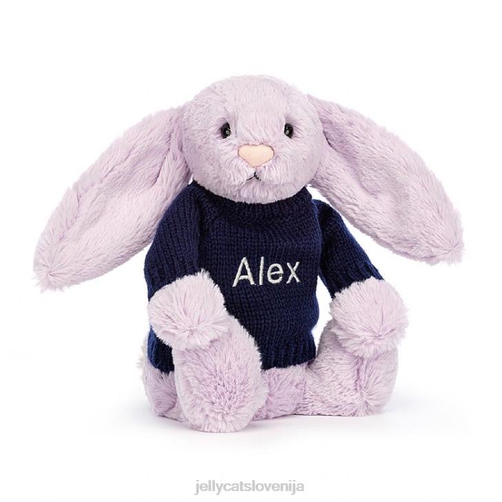 sl Jellycat sramežljiv zajček s personaliziranim mornarsko modrim puloverjem lila P622453 igrača