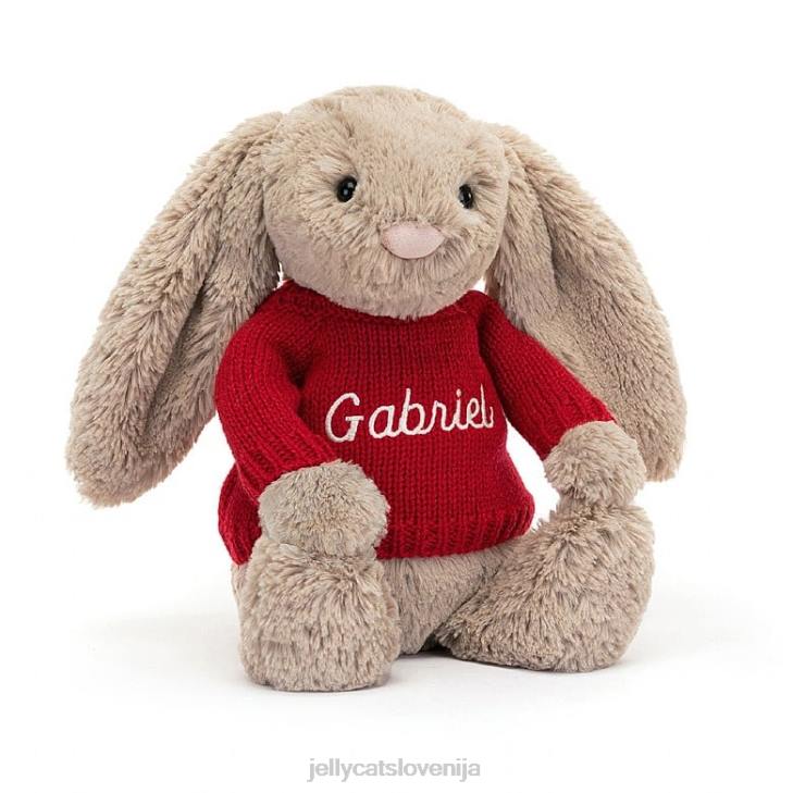 sl Jellycat sramežljiv zajček z personaliziranim rdečim puloverjem v bež barvi P622178 igrača