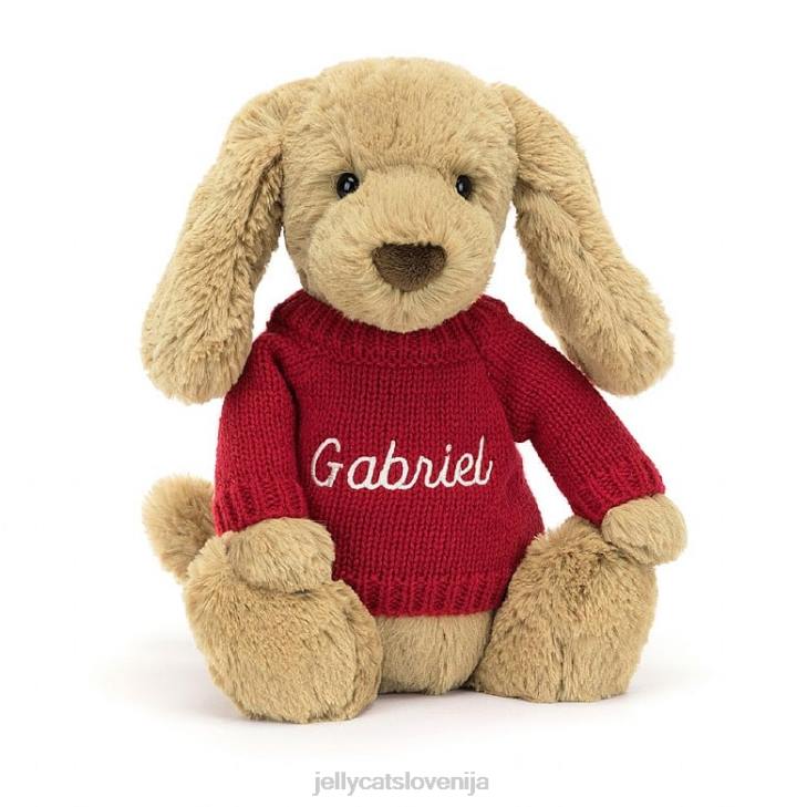 sl Jellycat sramežljiv kuža karamele z personaliziranim rdečim puloverjem v bež barvi P622158 igrača