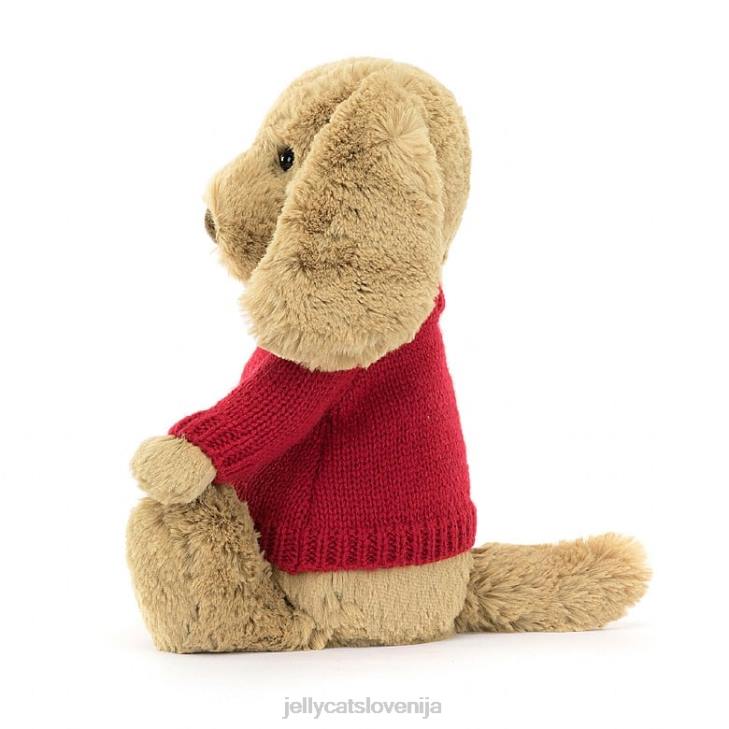 sl Jellycat sramežljiv kuža karamele z personaliziranim rdečim puloverjem v bež barvi P622158 igrača