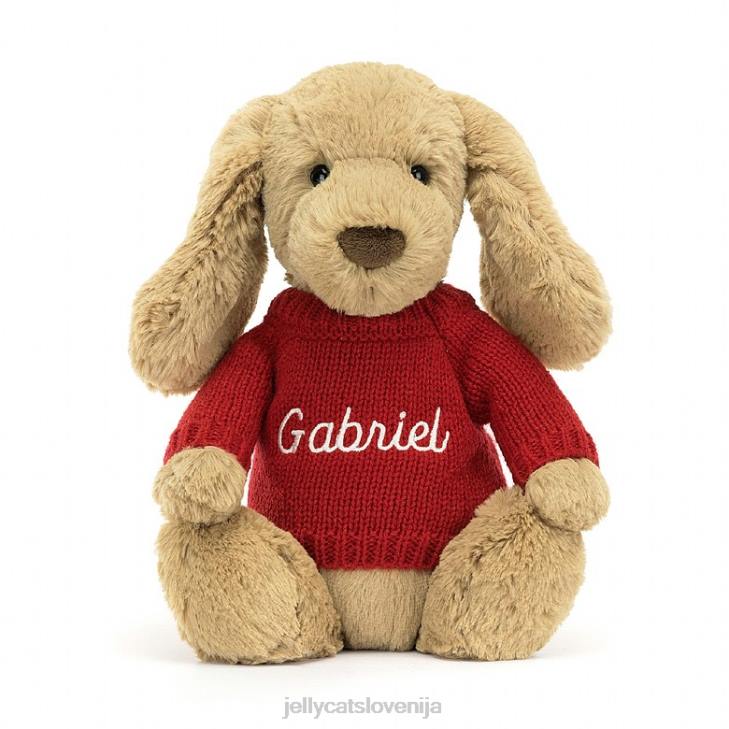 sl Jellycat sramežljiv kuža karamele z personaliziranim rdečim puloverjem v bež barvi P622158 igrača