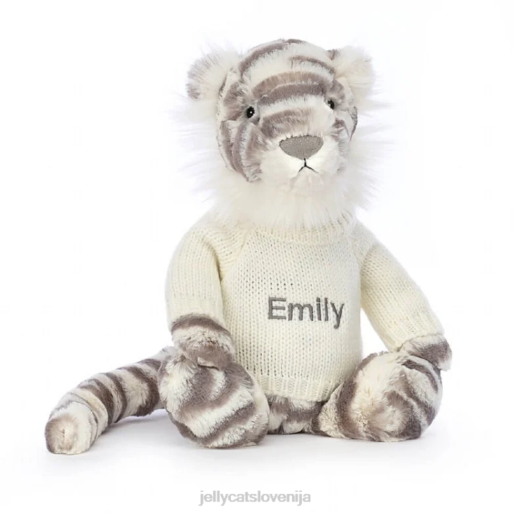 sl Jellycat sramežljiv snežni tiger s personaliziranim kremnim puloverjem v sivi in ​​beli barvi P622578 igrača