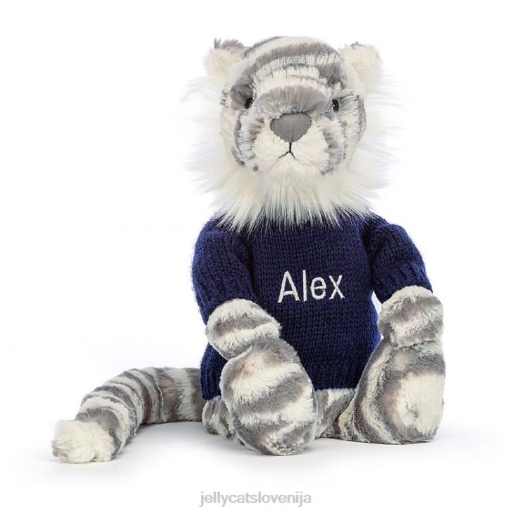 sl Jellycat sramežljiv snežni tiger z personaliziranim mornarsko sivim in belim puloverjem P622579 igrača