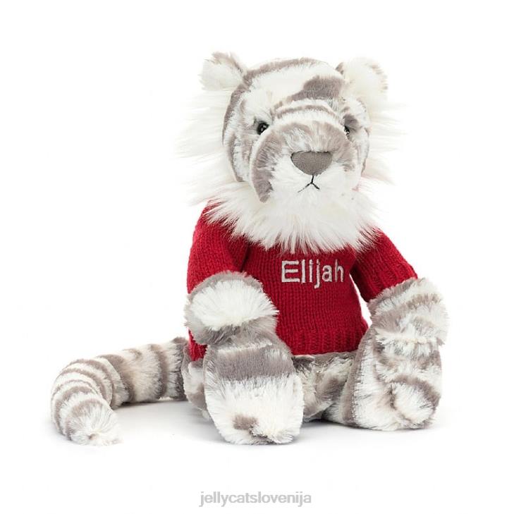 sl Jellycat sramežljiv snežni tiger z personaliziranim rdečim puloverjem v sivi in ​​beli barvi P622581 igrača