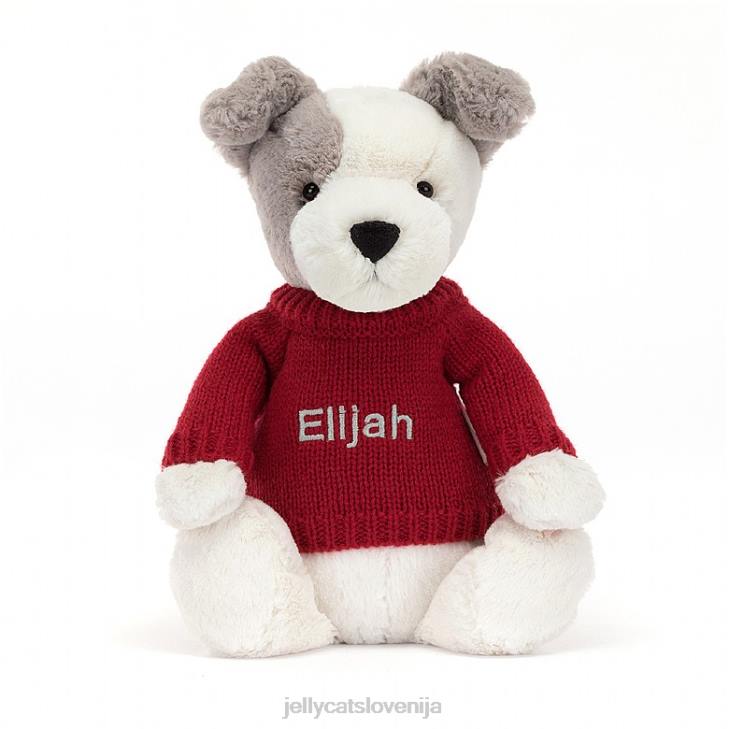 sl Jellycat sramežljiv terier z personaliziranim rdečim skakačem v sivi in ​​beli barvi P622515 igrača