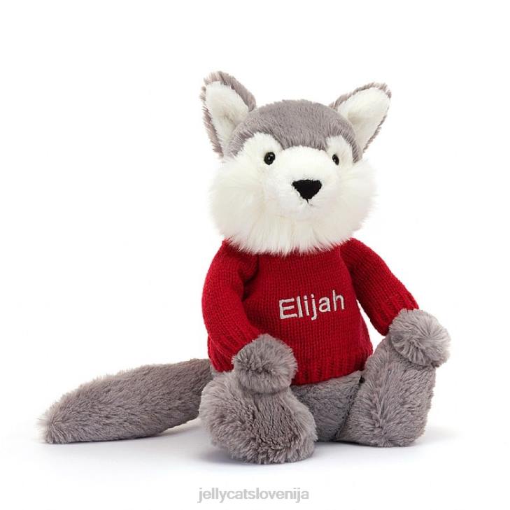 sl Jellycat sramežljiv volk s personaliziranim rdečim puloverjem v sivi in ​​beli barvi P622241 igrača